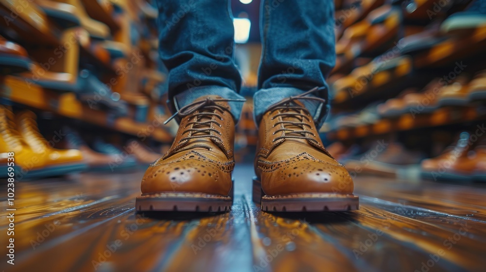 A friendly young Asian male customer trying on shoes in a well-organized shoe store A friendly young Asian male customer trying on shoes in a well-organized shoe store