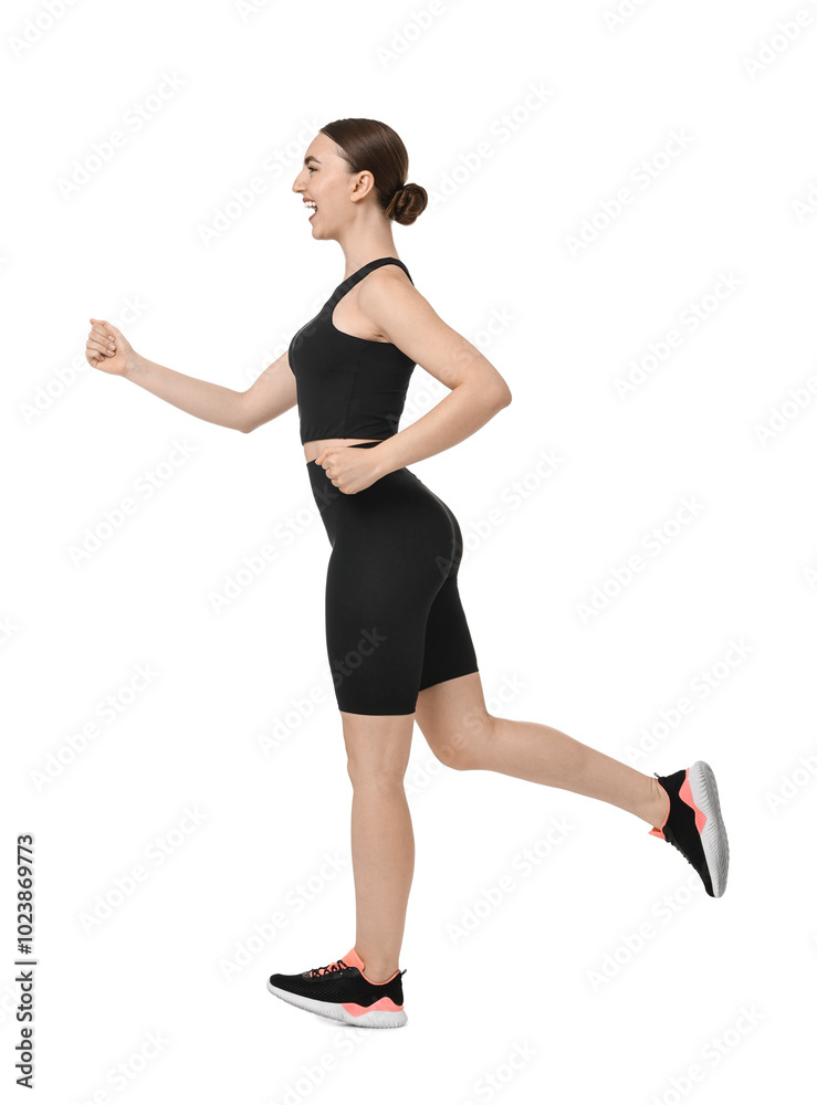 Beautiful woman in sportswear running on white background Beautiful woman in sportswear running on white background