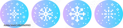 Pixel snowflake sticker set. Winter naive color element in pixel art. Mood of 90's aesthetics. 8 bit retro style vector illustration. Simple geometric shape for collage and poster. Gradient background