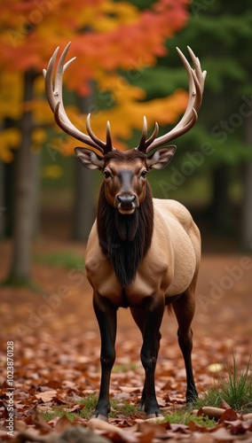 Portrait featuring a majestic bull elk deerstag amidst an autumnal wildlife setting photo