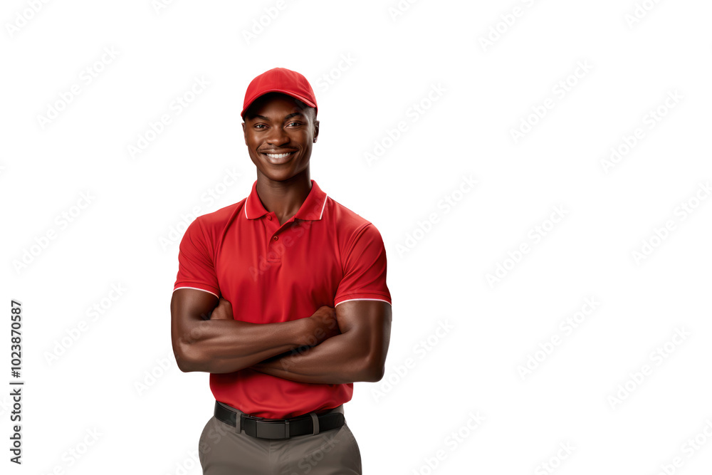 A courier in a bright uniform delivering parcels, isolated on a white background, ready to fulfill an urgent order A courier in a bright uniform delivering parcels, isolated on a white background, ready to fulfill an urgent order