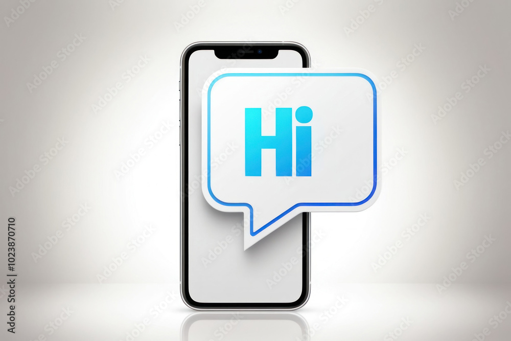 A smartphone with an open messenger, in the chat the message “HI!”, symbolizing friendly communication and connections in the modern world A smartphone with an open messenger, in the chat the message “HI!”, symbolizing friendly communication and connections in the modern world