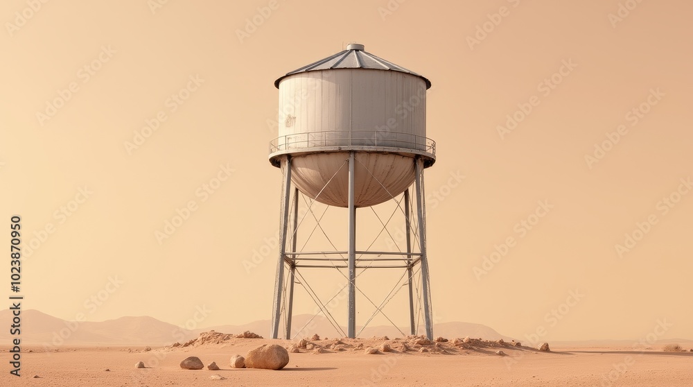 Fototapeta premium A solitary water tower stands in a desolate desert landscape under a dusty orange sky at dusk
