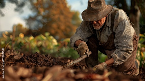 A farmer using biodynamic preparation 505 (oak bark) for soil enhancement photo