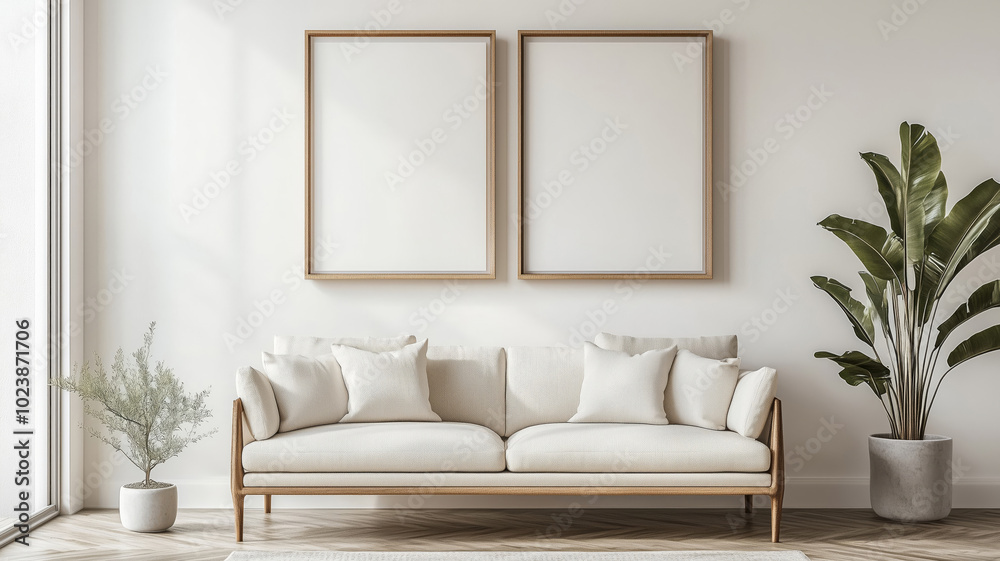 Mock up frames on the wall in a modern luxury minimalist living room with a beige sofa Mock up frames on the wall in a modern luxury minimalist living room with a beige sofa