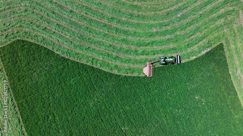 Aerial farm tractor agriculture cutting hay 3. Tractor pulling swather industrial equipment. Rural farming community agricultural economy. Autumn harvesting of alfalfa hay agriculture. photo