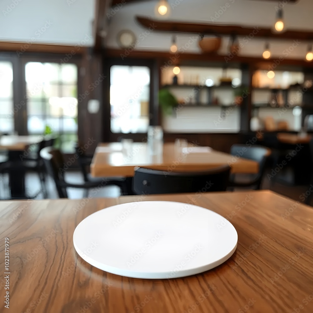 Blank white round coaster mockup on rustic wooden bar counter in a cafe, bar, or restaurant.