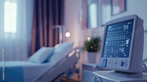 A modern medical monitor displaying vital signs, standing beside a hospital bed in a softly lit room
