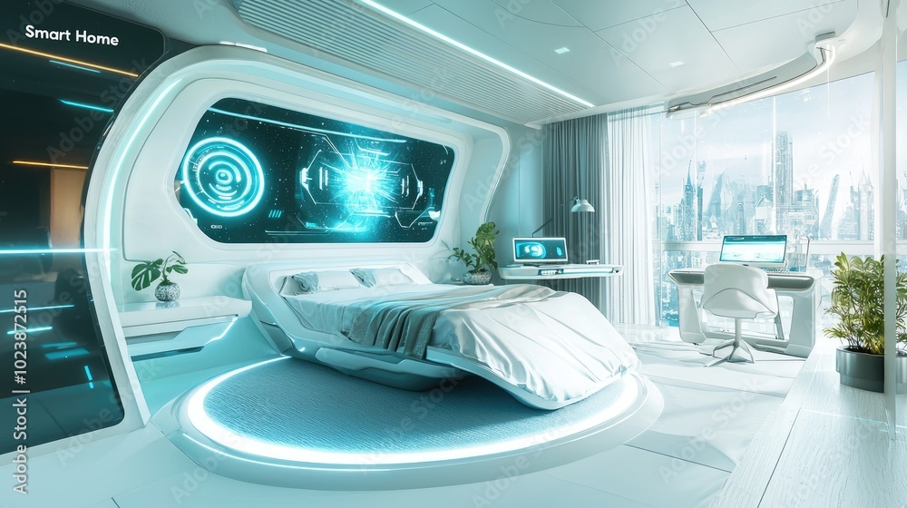 Futuristic Smart Home Bedroom with City View Futuristic Smart Home Bedroom with City View