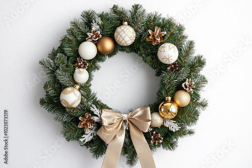 Christmas wreath with a ribbon and silver, golden elements hanging on the white wall