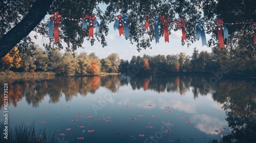 A picturesque view of a quiet lake reflecting trees adorned with red, white, and blue ribbons