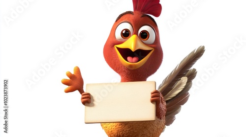 A playful turkey cartoon character with exaggerated features, holding a sign that says Happy Thanksgiving! on a transparent background