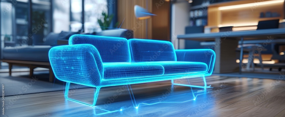 A Blue Wireframe Couch in a Modern Living Room