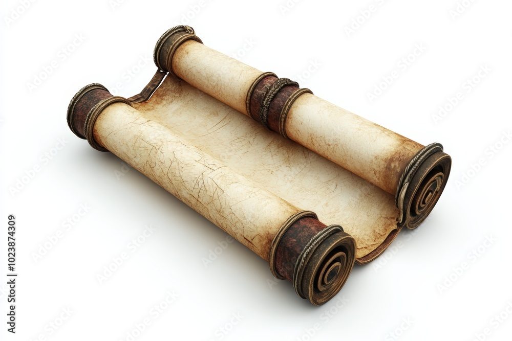 Ancient scroll with aged parchment, isolated on a white background. Ancient scroll with aged parchment, isolated on a white background.