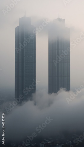 Misty cityscape with foggy atmosphere