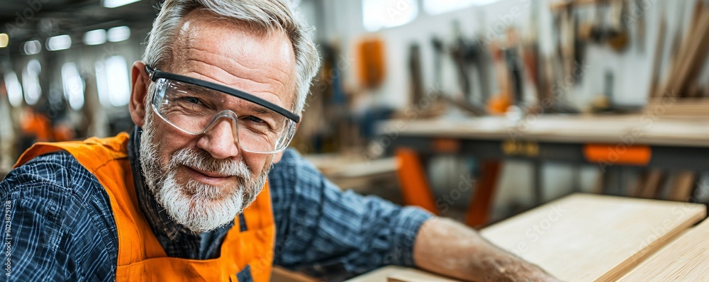Senior carpenter smiling in his workshop. Senior carpenter smiling in his workshop.