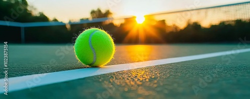 Tennis Ball on a Court at Sunset.