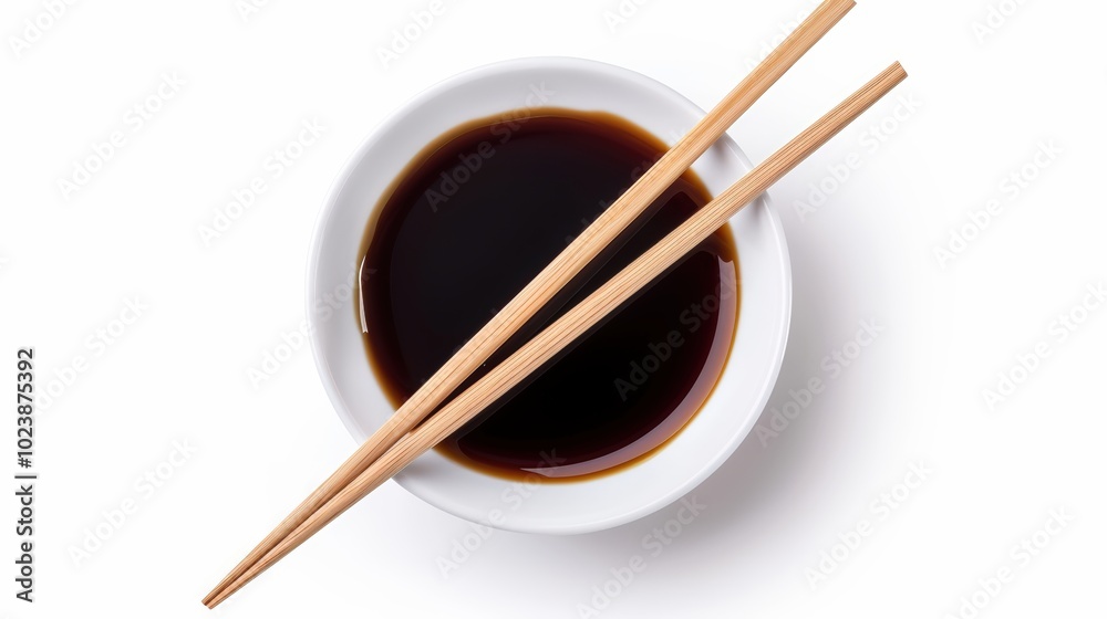 Soy sauce in a bowl with chopsticks, white isolated background.