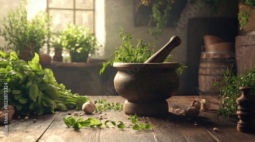 A rustic workspace featuring a mortar and pestle with fresh herbs and natural light streaming in