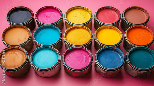 A vibrant array of colorful paints, ready to be mixed and matched.