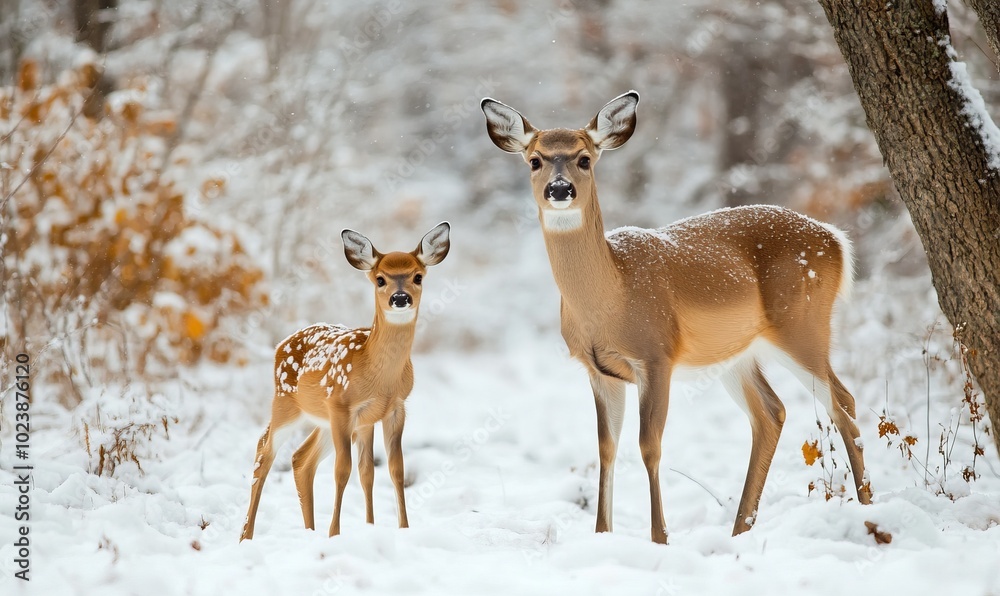 A deer and a fawn are standing in a snowy forest A deer and a fawn are standing in a snowy forest