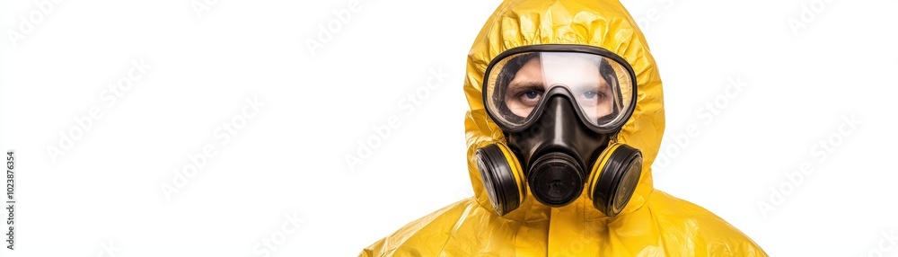 Person wearing a yellow protective suit and gas mask, white isolated background. Person wearing a yellow protective suit and gas mask, white isolated background.