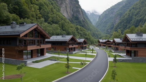 A row of modern wooden townhouses showcases diverse designs with black roofs, set against a lush green lawn and a backdrop of a dense forest