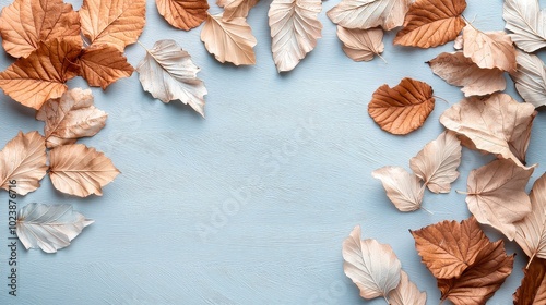 Wallpaper Mural Dry leaves in shades of brown and cream arranged on a light blue background, creating a natural and serene composition. Torontodigital.ca