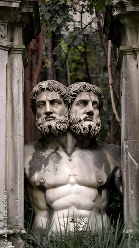 A medium shot of the statue of Janus, the two-headed Roman god of beginnings and endings. The statue is situated between two stone pillars and has a weathered appearance. 