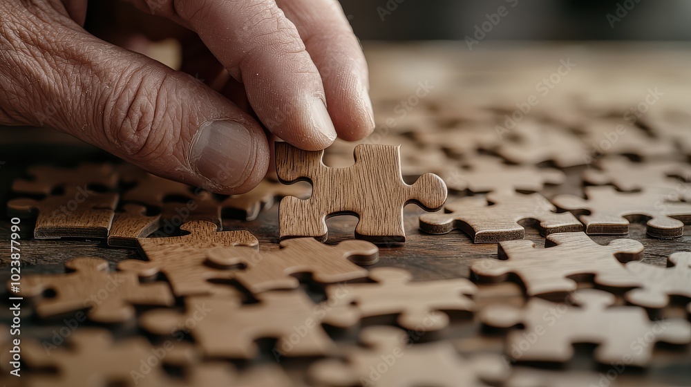 A person places a wooden puzzle piece onto a partially completed wooden puzzle, highlighting craftsmanship and patience. A person places a wooden puzzle piece onto a partially completed wooden puzzle, highlighting craftsmanship and patience.