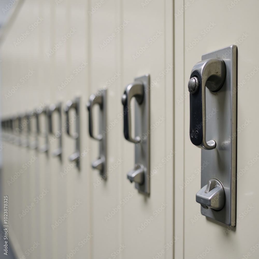 Close-up shot highlighting the locks and handles of school lockers symbolizing safety and confidentiality Close-up shot highlighting the locks and handles of school lockers symbolizing safety and confidentiality