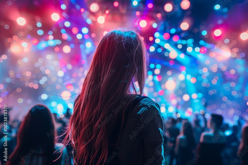 Vibrant summer music festival  young crowd dancing and enjoying bright stage lights together
