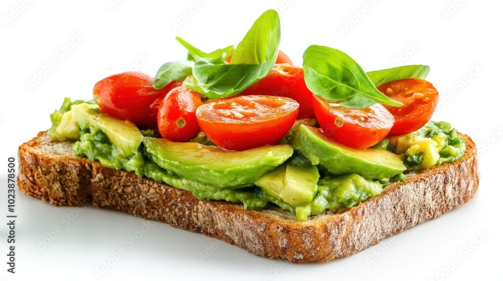 Avocado toast topped with tomatoes and fresh basil on a white isolate background. Avocado toast topped with tomatoes and fresh basil on a white isolate background.