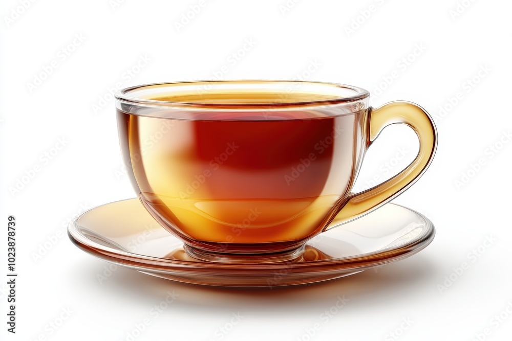 A transparent tea cup with amber liquid on a saucer, isolated on white background. A transparent tea cup with amber liquid on a saucer, isolated on white background.