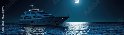 A Luxury Yacht Cruising Under a Full Moon at Night photo
