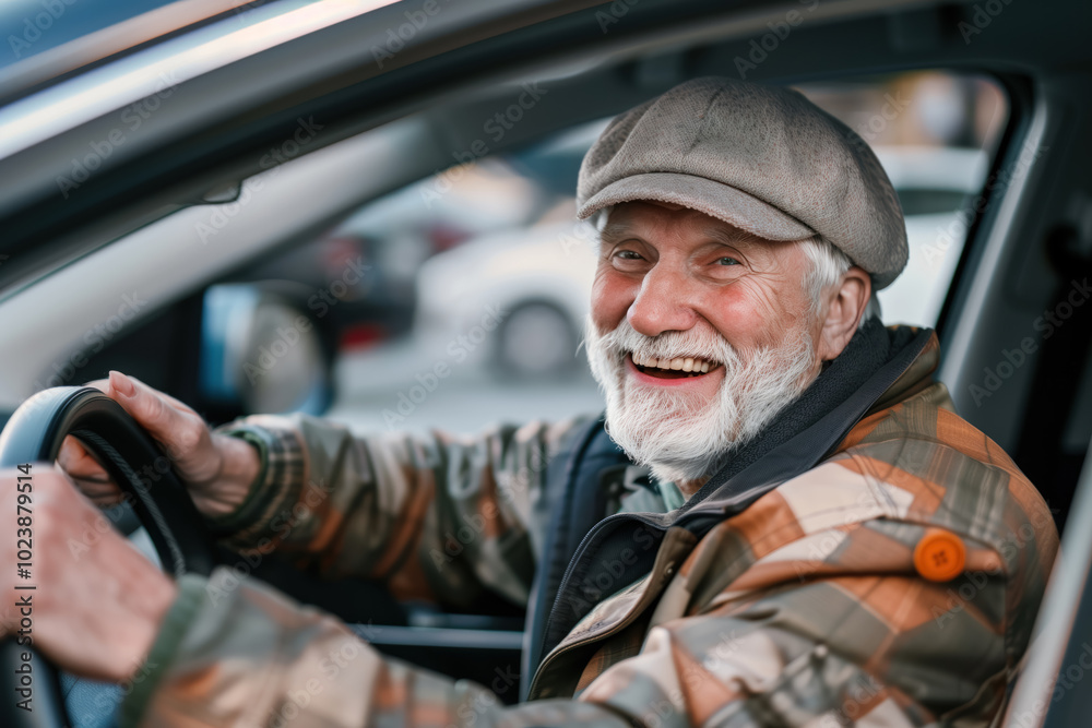 Happy old man driving a car, side view of smiling senior driver holding a steering wheel Happy old man driving a car, side view of smiling senior driver holding a steering wheel