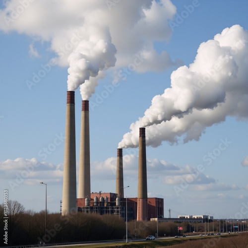 Emission of CO2 from coal-fired power plants into the atmosphere showcasing air pollution caused by smokestacks and their environmental impact on ecology