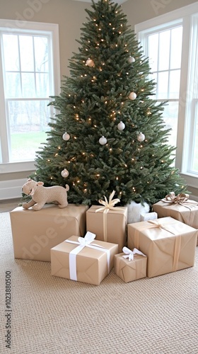 Under a warmly lit Christmas tree, brown gift boxes are stacked alongside a chic black elephant, while an electric train circles around them, creating a festive atmosphere