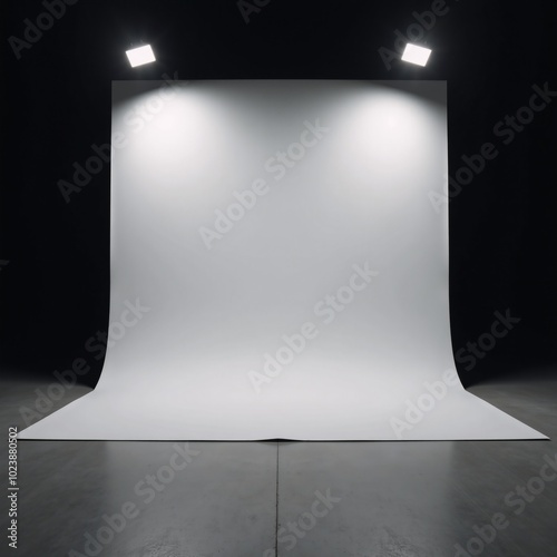 Pitch-black empty room with a blank floor for presentationscar backdrops and top LED lights