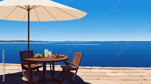 Coastal Serenity: A tranquil seaside scene with a table set for four under a white umbrella, inviting you to relax and enjoy the breathtaking view. The ocean shimmers in the distance. photo