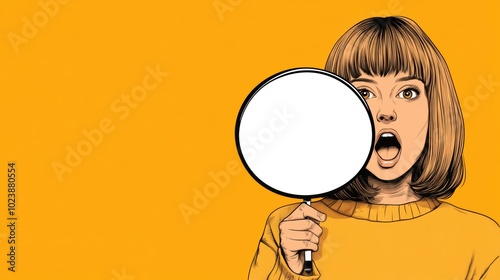 Astonished Girl with Blank Circle Sign, Copy space for text, Yellow theme, Cartoon style