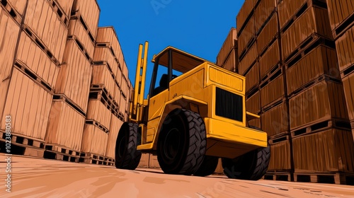 Yellow forklift in warehouse aisle, Lifting work using a box truck, factory, Cartoon style 