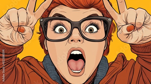 Pop Art Enthusiasm: A vibrant pop art illustration showcasing a woman with wide eyes, a playful expression, and peace signs, radiating a sense of energy and excitement, Cartoon style