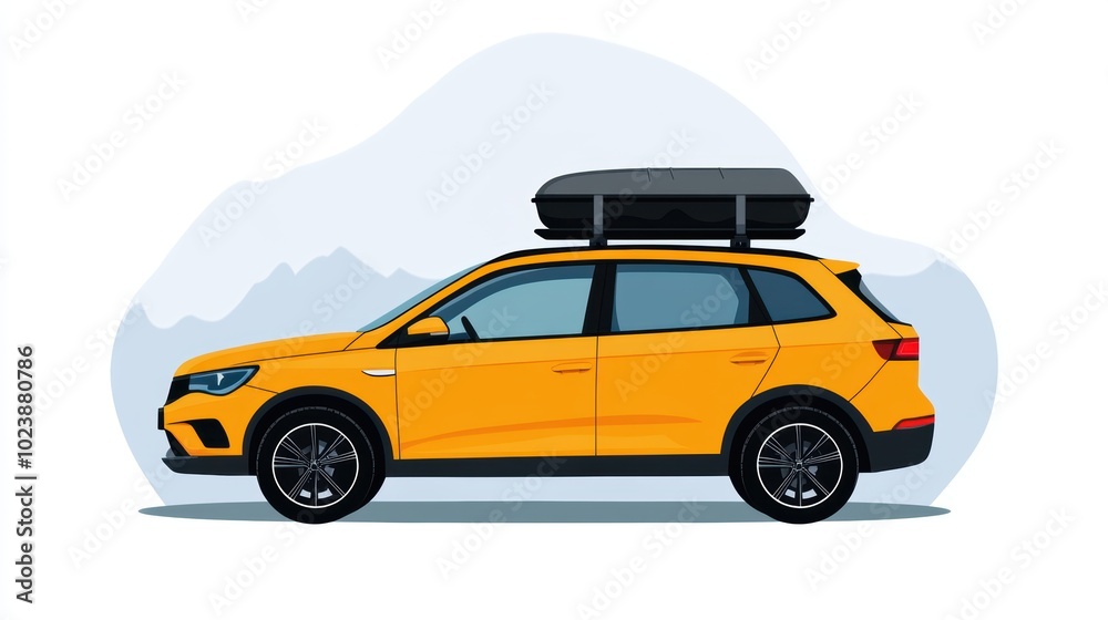 Obraz premium Adventure Awaits: A vibrant yellow SUV, ready for a mountain escapade, with a black roof box loaded with gear, promising an exciting journey. 