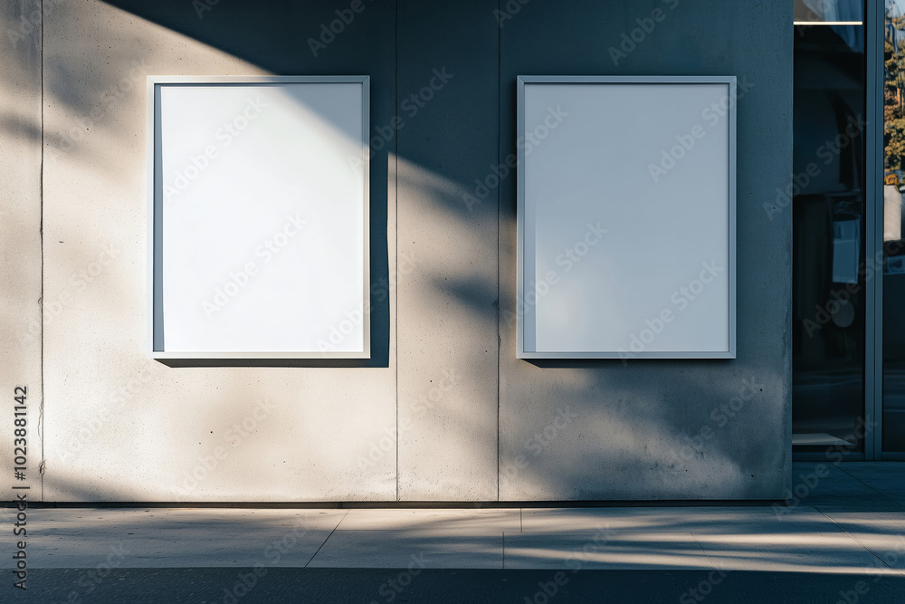 White blank template banners hanging on the wall of a modern store White blank template banners hanging on the wall of a modern store