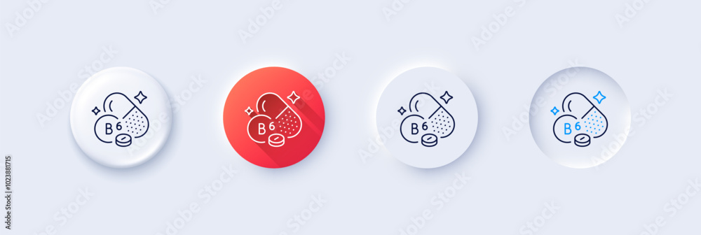 Vitamin B6 line icon. Neumorphic, Red gradient, 3d pin buttons. Food nutrient sign. Capsule or pill supplement symbol. Line icons. Neumorphic buttons with outline signs. Vector Vitamin B6 line icon. Neumorphic, Red gradient, 3d pin buttons. Food nutrient sign. Capsule or pill supplement symbol. Line icons. Neumorphic buttons with outline signs. Vector