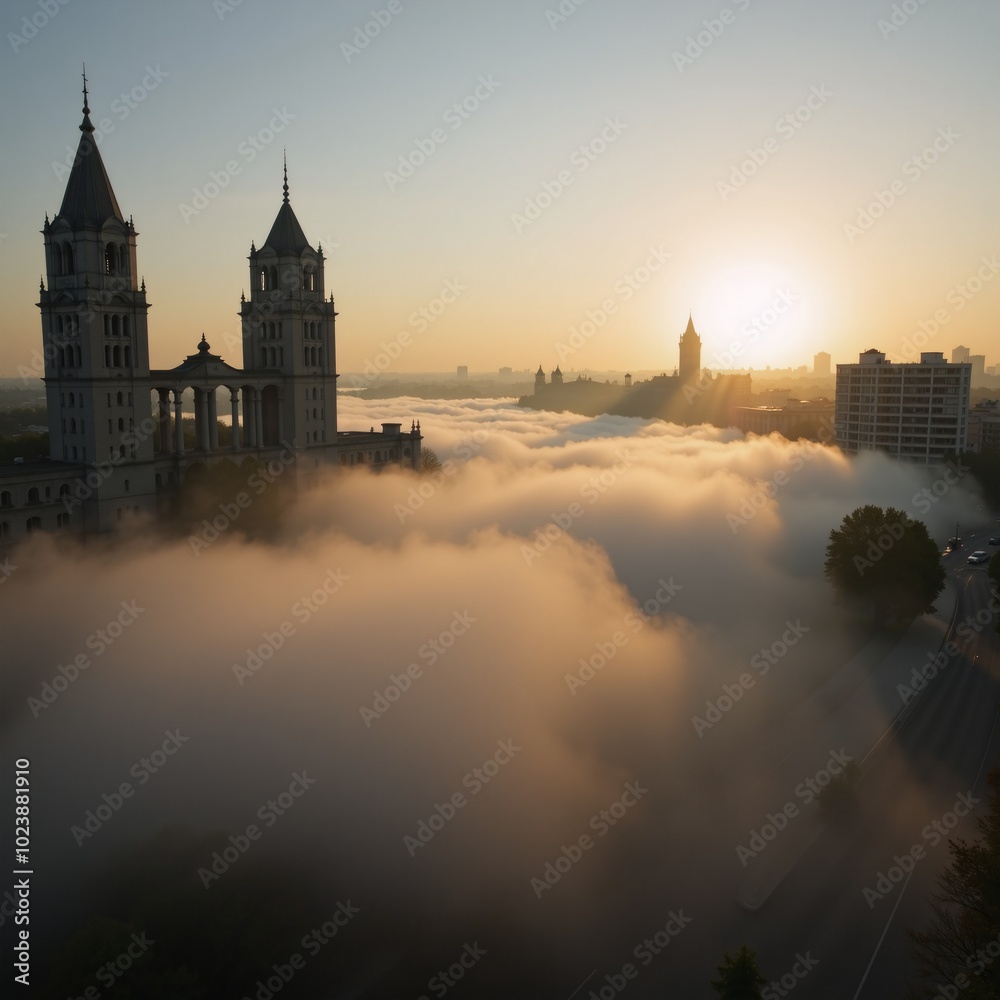 Fototapeta premium Foggy morning panoramic view of a city at dawn featuring rising sun through fog