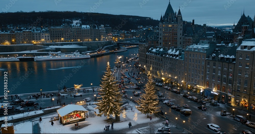 Fototapeta premium Snow blankets the charming streets of Quebec City's old town, where festive decorations and vibrant buildings create a picturesque winter atmosphere at Christmas.