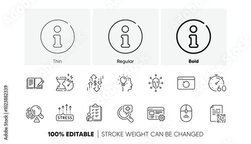 Qr code, Hourglass timer and Medical analyzes line icons. Pack of Stress grows, Swipe up, Dollar rate icon. Timer, Idea, Fingerprint pictogram. Info, Feedback, Recovery internet. Line icons. Vector