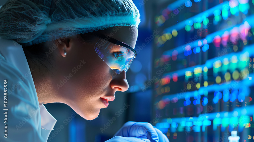 Female scientist in safety goggles, using digital screen monitor to analyze samples in laboratory with illuminated equipment. Concept of scientific research, laboratory work, technological innovation Female scientist in safety goggles, using digital screen monitor to analyze samples in laboratory with illuminated equipment. Concept of scientific research, laboratory work, technological innovation